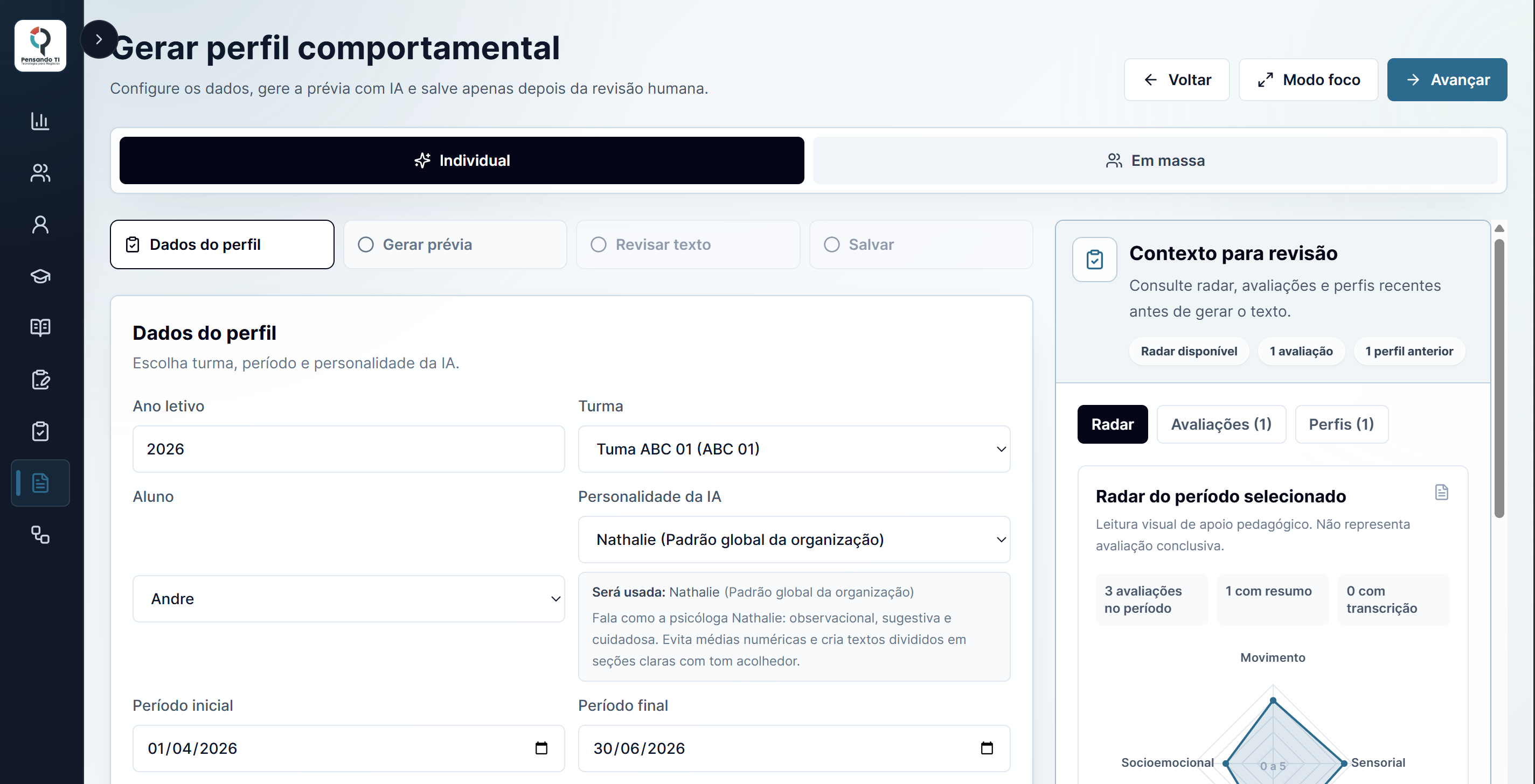 Tela de perfil do aluno no Metamorfose com informações comportamentais e educacionais